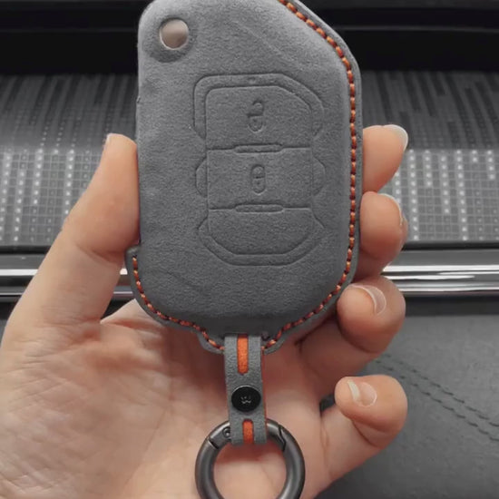Jeep Hand-Stitched Alcantara Key Fob Cover – Rugged Flip Key 2-Button Dark Gray