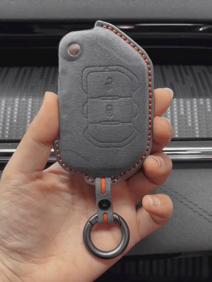 Jeep Hand-Stitched Alcantara Key Fob Cover – Rugged Flip Key 2-Button Dark Gray