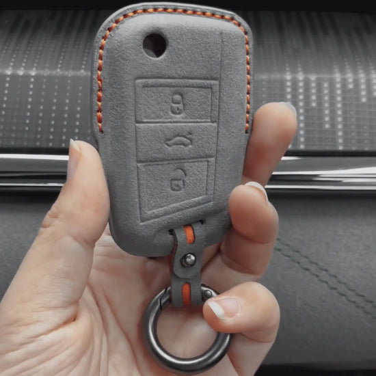 Volkswagen Hand Stitched Alcantara Key Fob Cover Angular Flip Key 3-button Dark Gray
