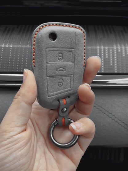 Volkswagen Hand Stitched Alcantara Key Fob Cover Angular Flip Key 3-button Dark Gray