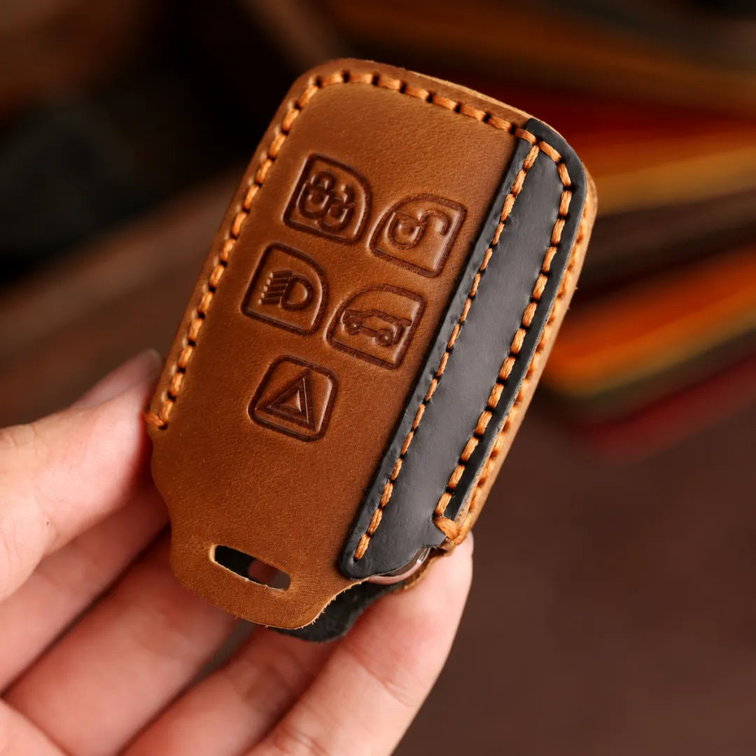 Range Rover Hand-Crafted Leather Key Fob Cover – Block 5-Button - Close Up In Hand