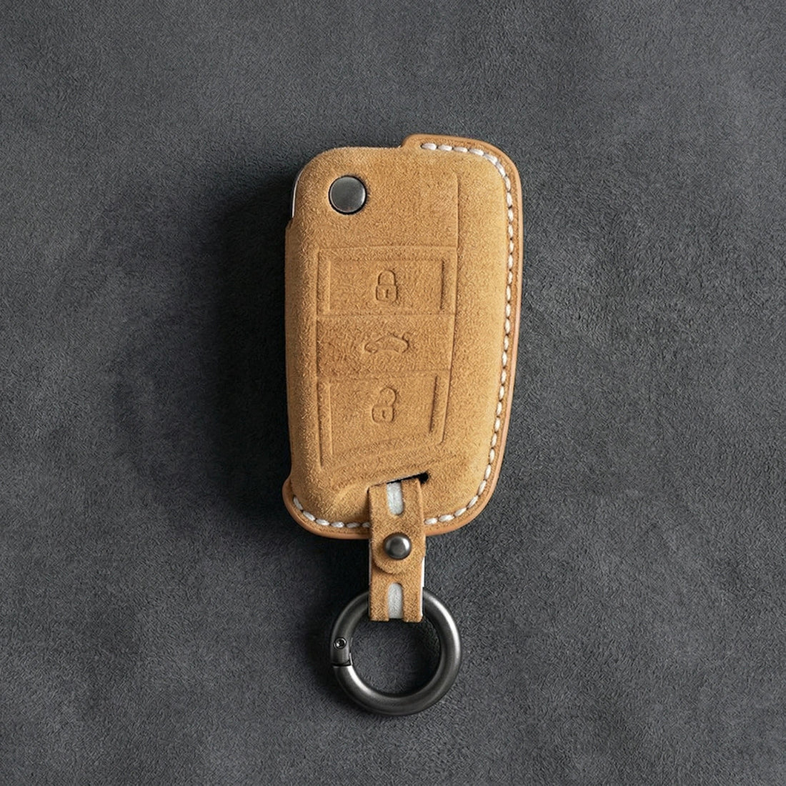 Seat Hand - Stitched Alcantara Key Fob Cover – Angular Flip Key 3 - Button - Soft brown