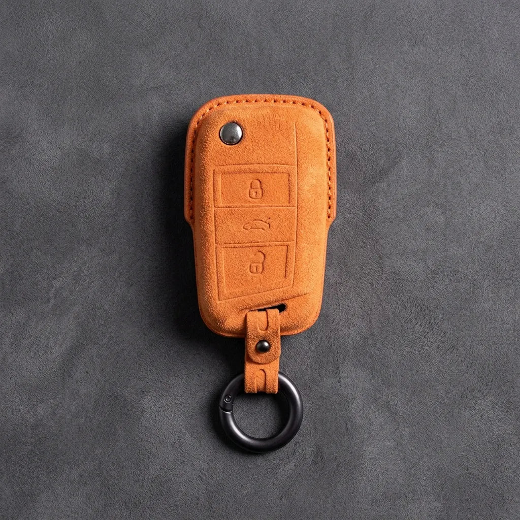 Seat Hand - Stitched Alcantara Key Fob Cover – Geometric Flip Key 3 - Button - Orange