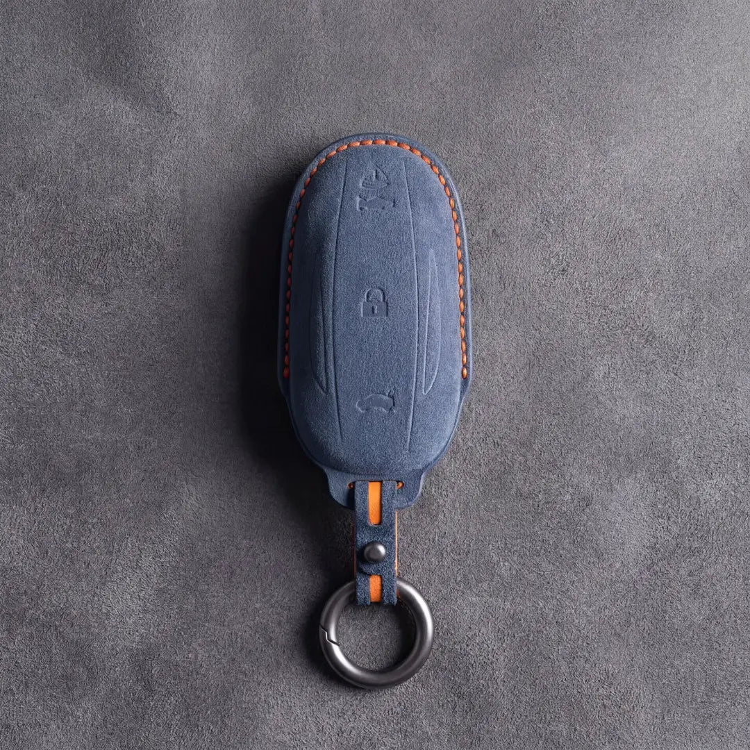 Cobalt blue hand-stitched Alcantara key cover sleeve custom molded for Tesla Model S X - Vietiki