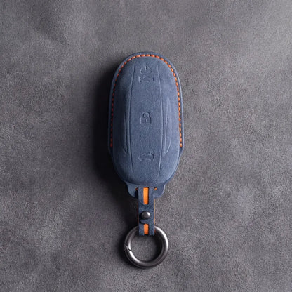 Cobalt blue hand-stitched Alcantara key cover sleeve custom molded for Tesla Model S X - Vietiki