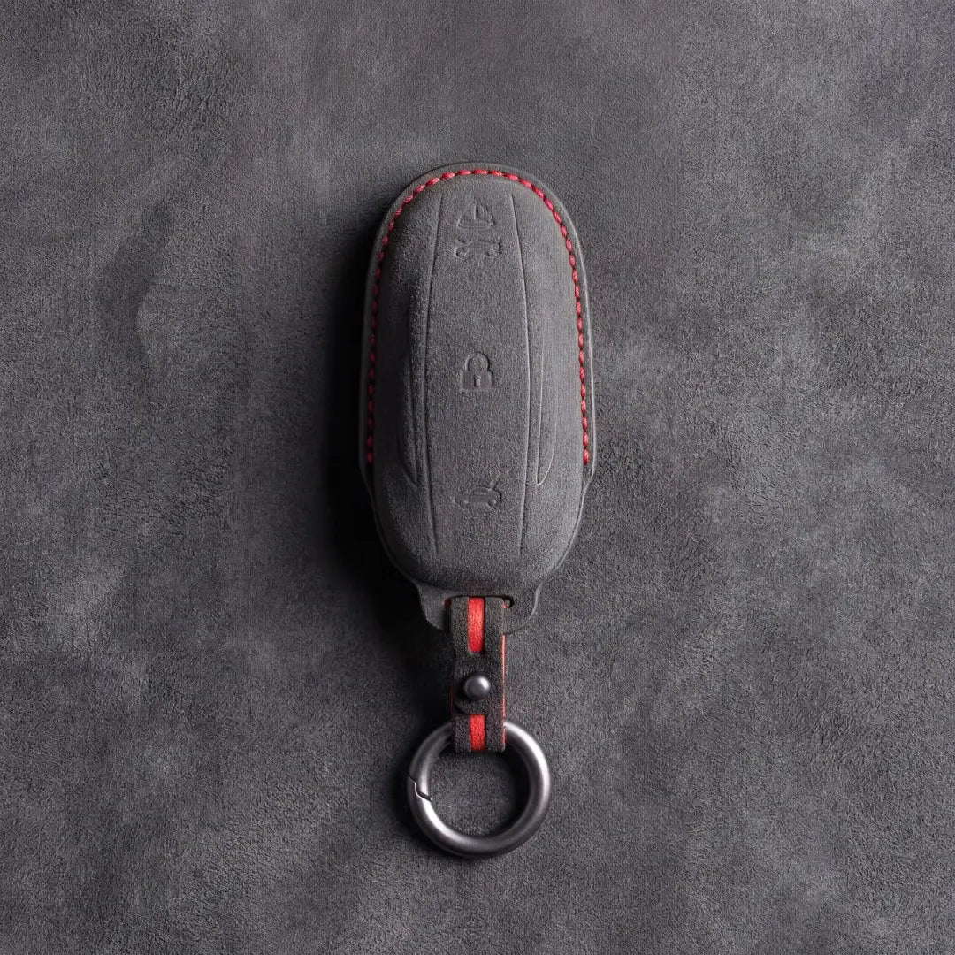 Dark charcoal Alcantara key fob cover with red contrast stitching for Tesla Model S and Model X keys - Vietiki