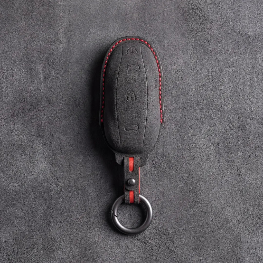 Dark charcoal Alcantara key fob cover with red contrast stitching for Tesla Model Y and Model 3 - Vietiki