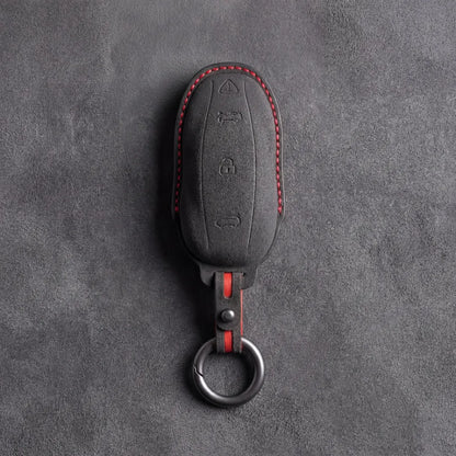 Dark charcoal Alcantara key fob cover with red contrast stitching for Tesla Model Y and Model 3 - Vietiki