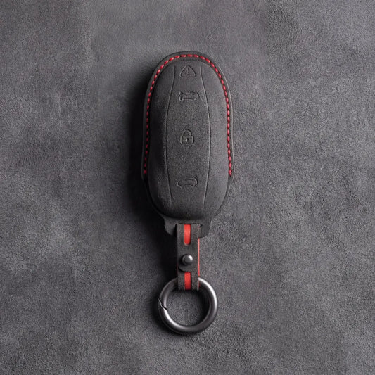 Dark charcoal Alcantara key fob cover with red contrast stitching for Tesla Model Y and Model 3 - Vietiki