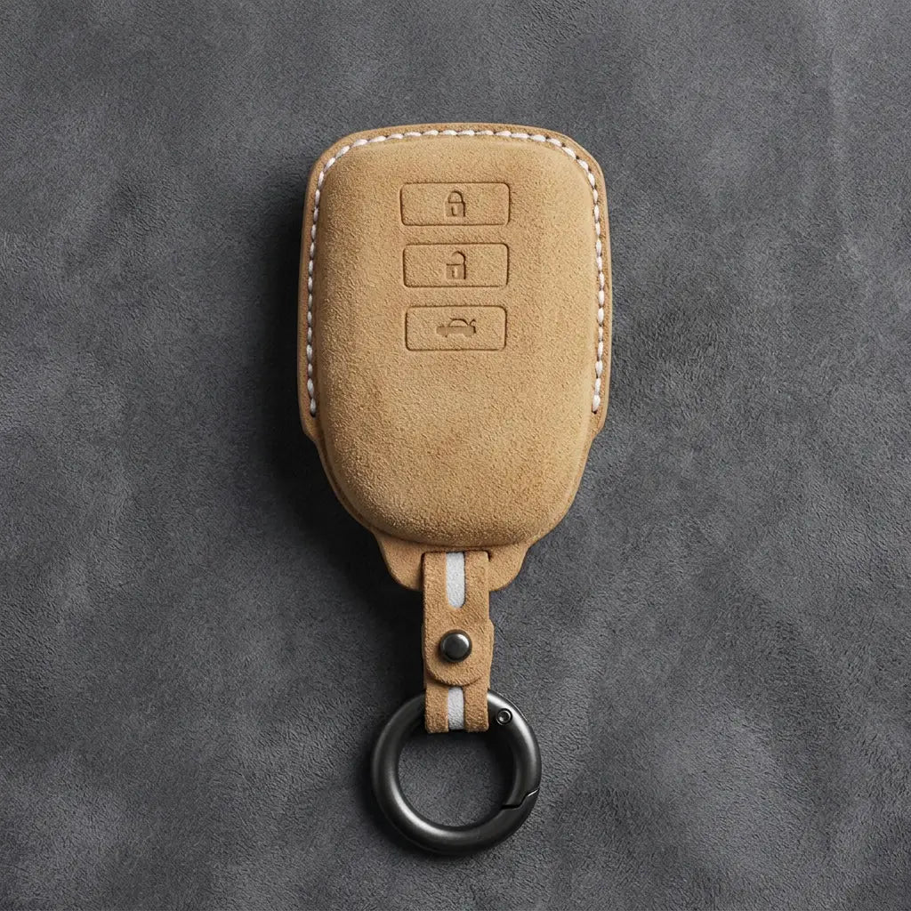Toyota Hand-Stitched Alcantara Key Fob Cover – 3-Button Smart Key - Soft Brown