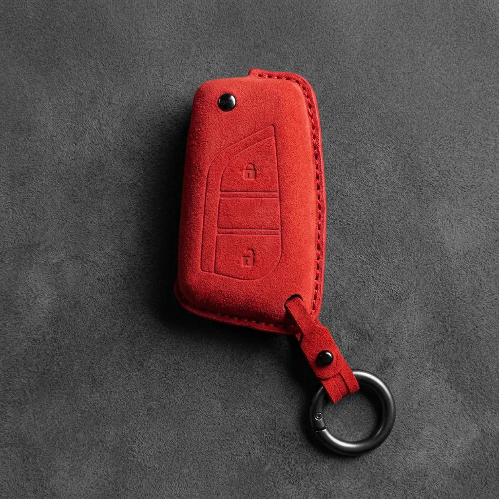 Toyota Hand - Stitched Alcantara Key Fob Cover – Geometric Flip Key 2 - Button - Red