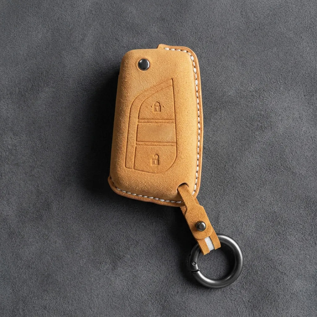 Toyota Hand - Stitched Alcantara Key Fob Cover – Geometric Flip Key 2 - Button - Soft brown