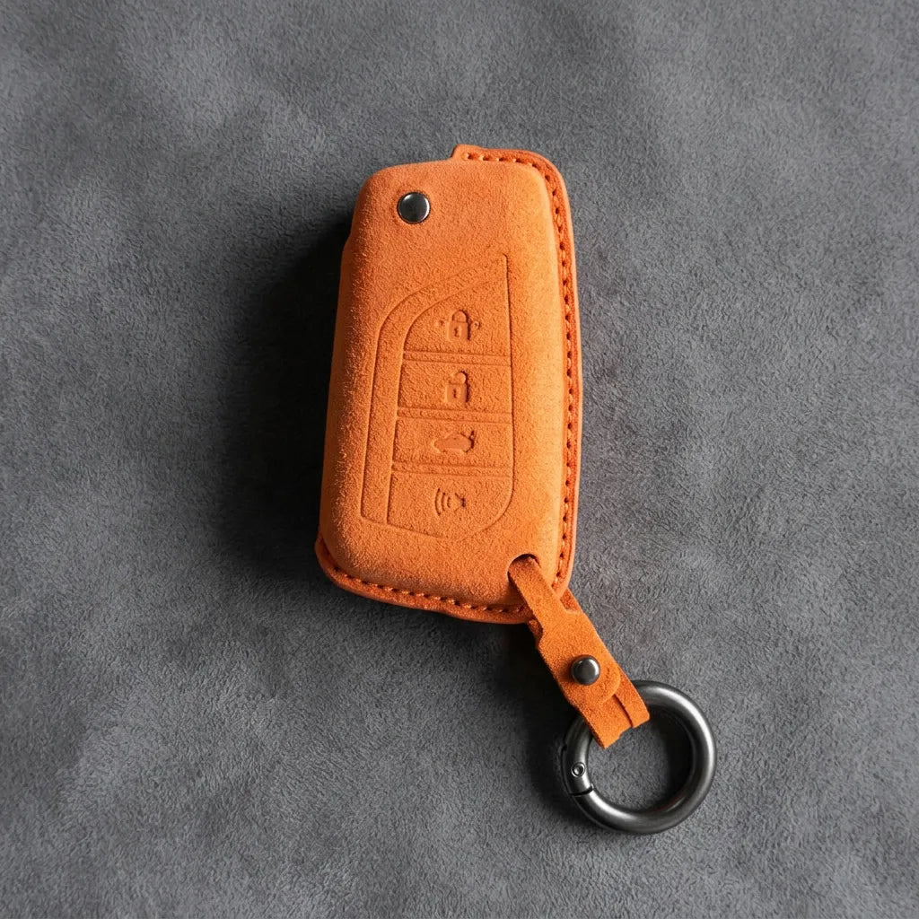 Toyota Hand - Stitched Alcantara Key Fob Cover – Geometric Flip Key 4 - Button - Orange