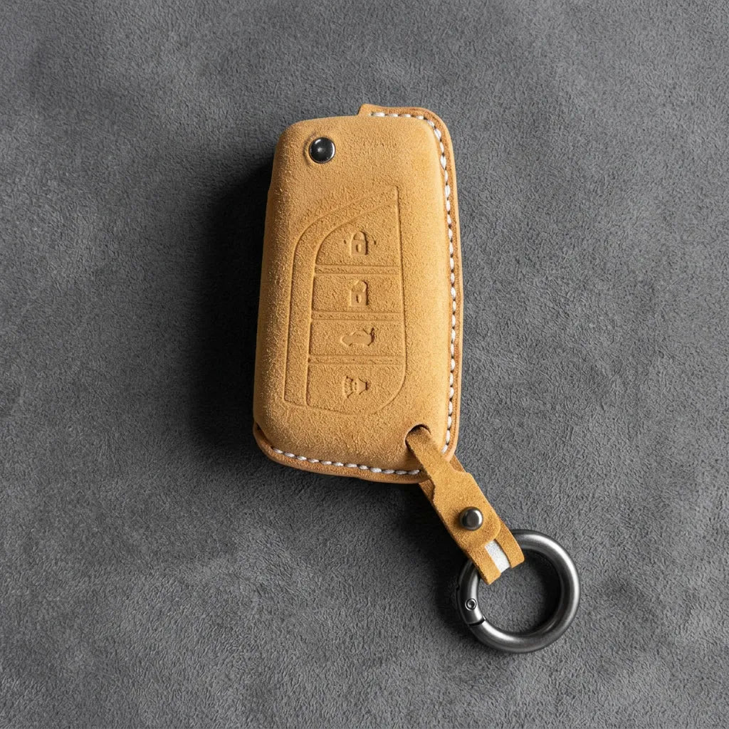 Toyota Hand - Stitched Alcantara Key Fob Cover – Geometric Flip Key 4 - Button - Soft brown