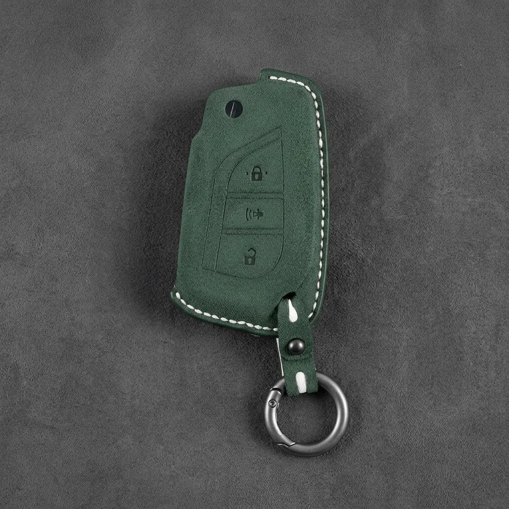 Toyota Hand - Stitched Alcantara Key Fob Cover – Geometric Panic Flip Key - Dark green