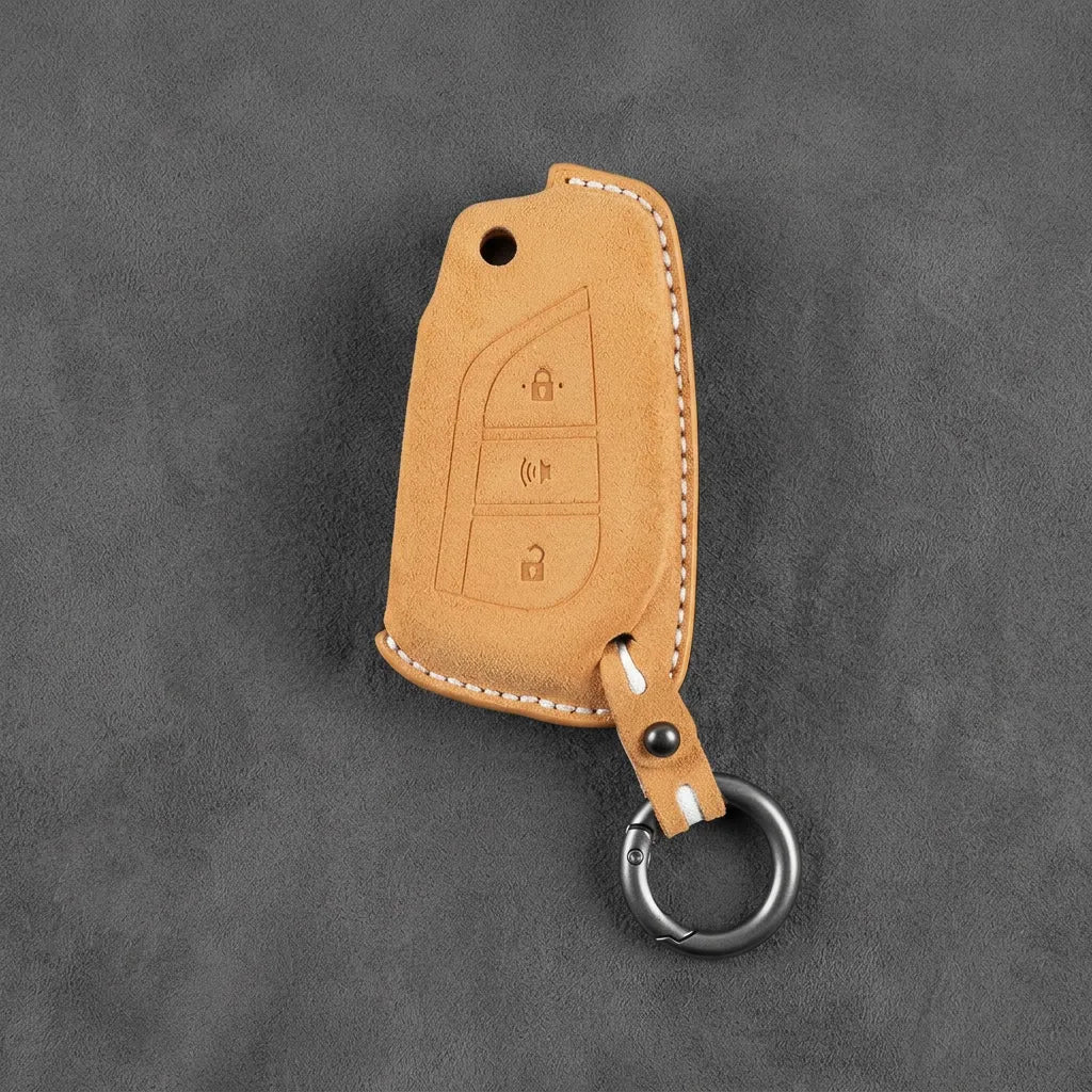Toyota Hand - Stitched Alcantara Key Fob Cover – Geometric Panic Flip Key - Soft brown