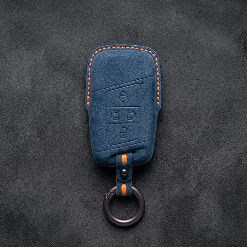 Volkswagen Hand-Stitched Alcantara Key Fob Cover – 4-Button Sliding Door Smart Cobalt Blue