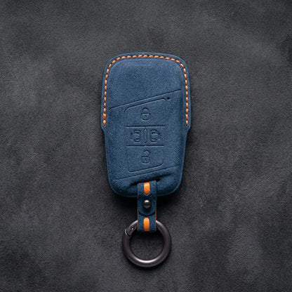Volkswagen Hand-Stitched Alcantara Key Fob Cover – 4-Button Sliding Door Smart Cobalt Blue