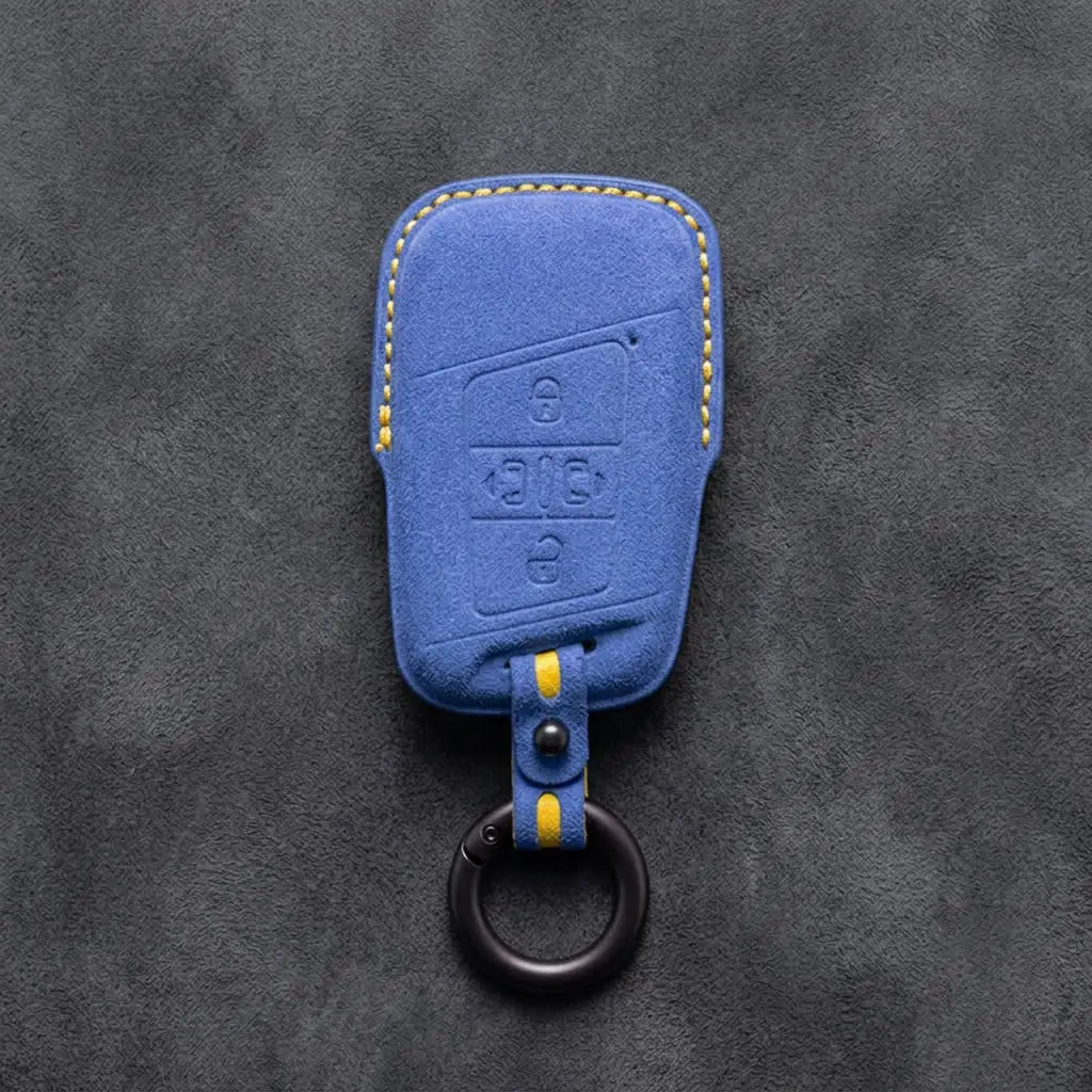 Volkswagen Hand-Stitched Alcantara Key Fob Cover – 4-Button Sliding Door Smart Cornflower Blue