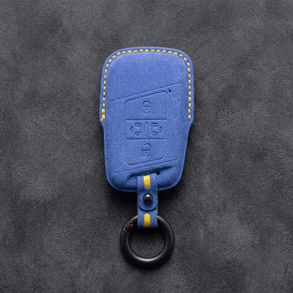 Volkswagen Hand-Stitched Alcantara Key Fob Cover – 4-Button Sliding Door Smart Cornflower Blue