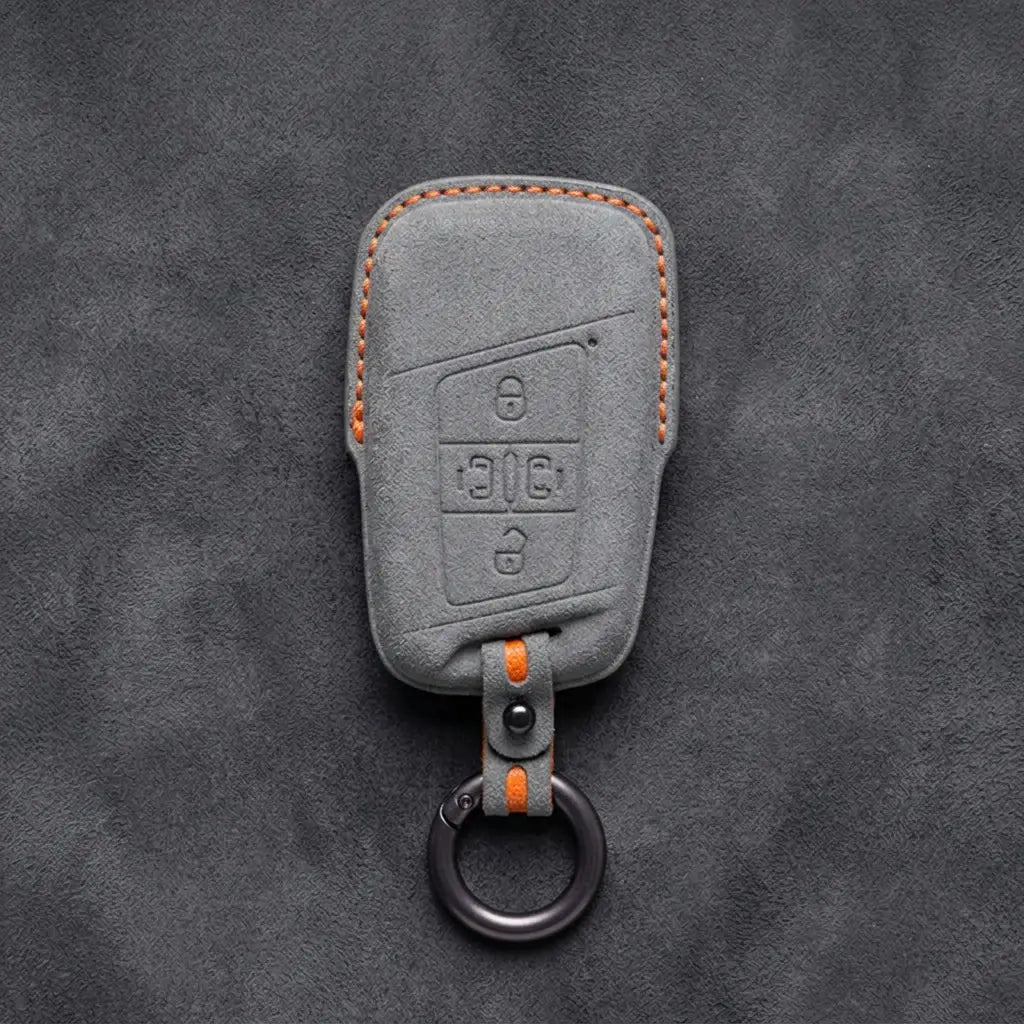 Volkswagen Hand-Stitched Alcantara Key Fob Cover – 4-Button Sliding Door Smart Dark Gray