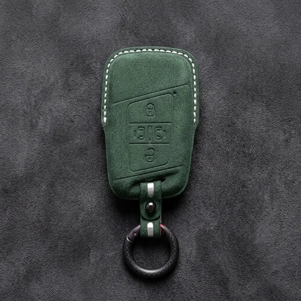 Volkswagen Hand-Stitched Alcantara Key Fob Cover – 4-Button Sliding Door Smart Dark Green