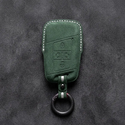 Volkswagen Hand-Stitched Alcantara Key Fob Cover – 4-Button Sliding Door Smart Dark Green