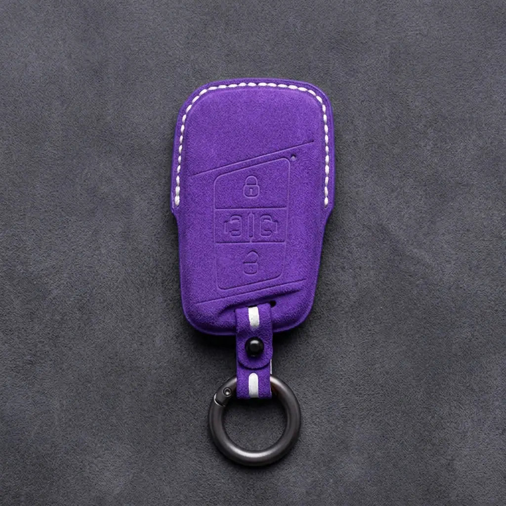 Volkswagen Hand-Stitched Alcantara Key Fob Cover – 4-Button Sliding Door Smart Dark Purple