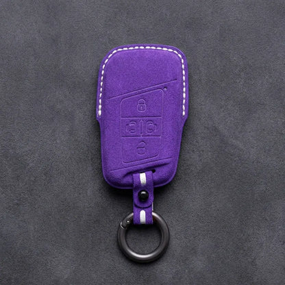 Volkswagen Hand-Stitched Alcantara Key Fob Cover – 4-Button Sliding Door Smart Dark Purple