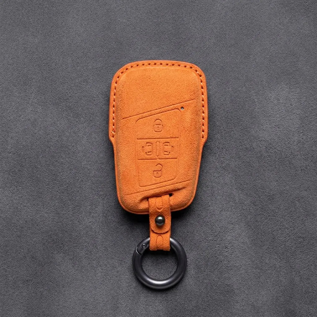 Volkswagen Hand-Stitched Alcantara Key Fob Cover – 4-Button Sliding Door Smart Orange