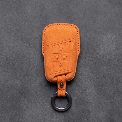 Volkswagen Hand-Stitched Alcantara Key Fob Cover – 4-Button Sliding Door Smart Orange