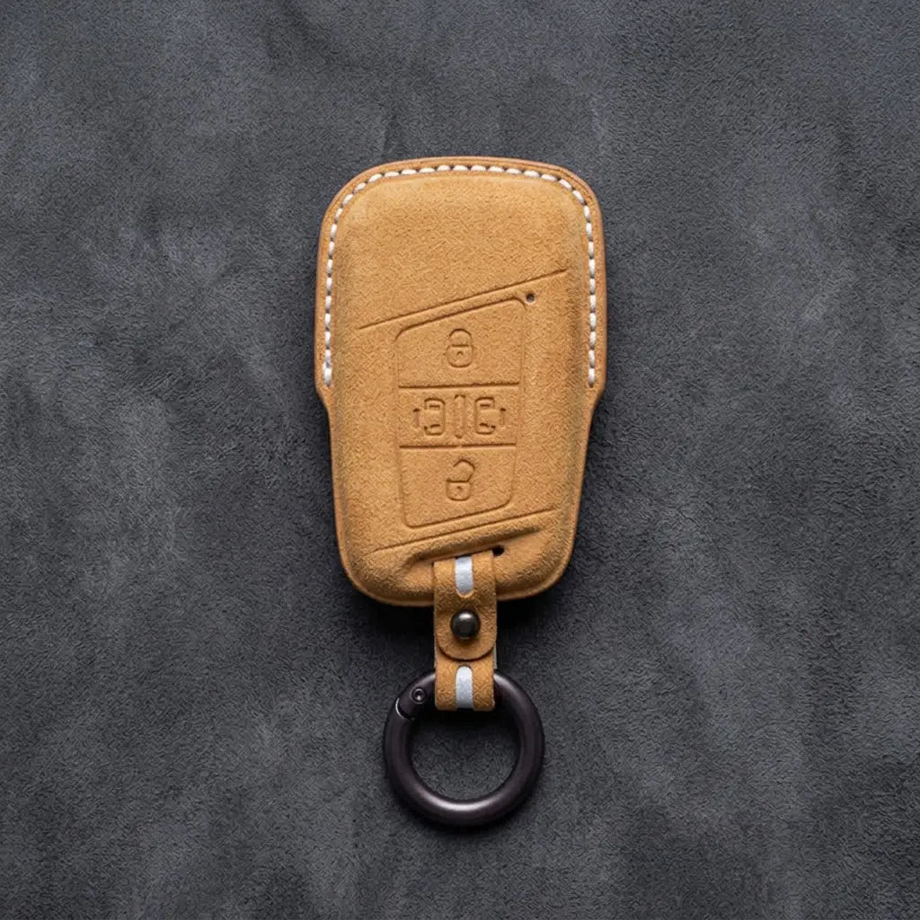 Volkswagen Hand-Stitched Alcantara Key Fob Cover – 4-Button Sliding Door Smart Soft Brown
