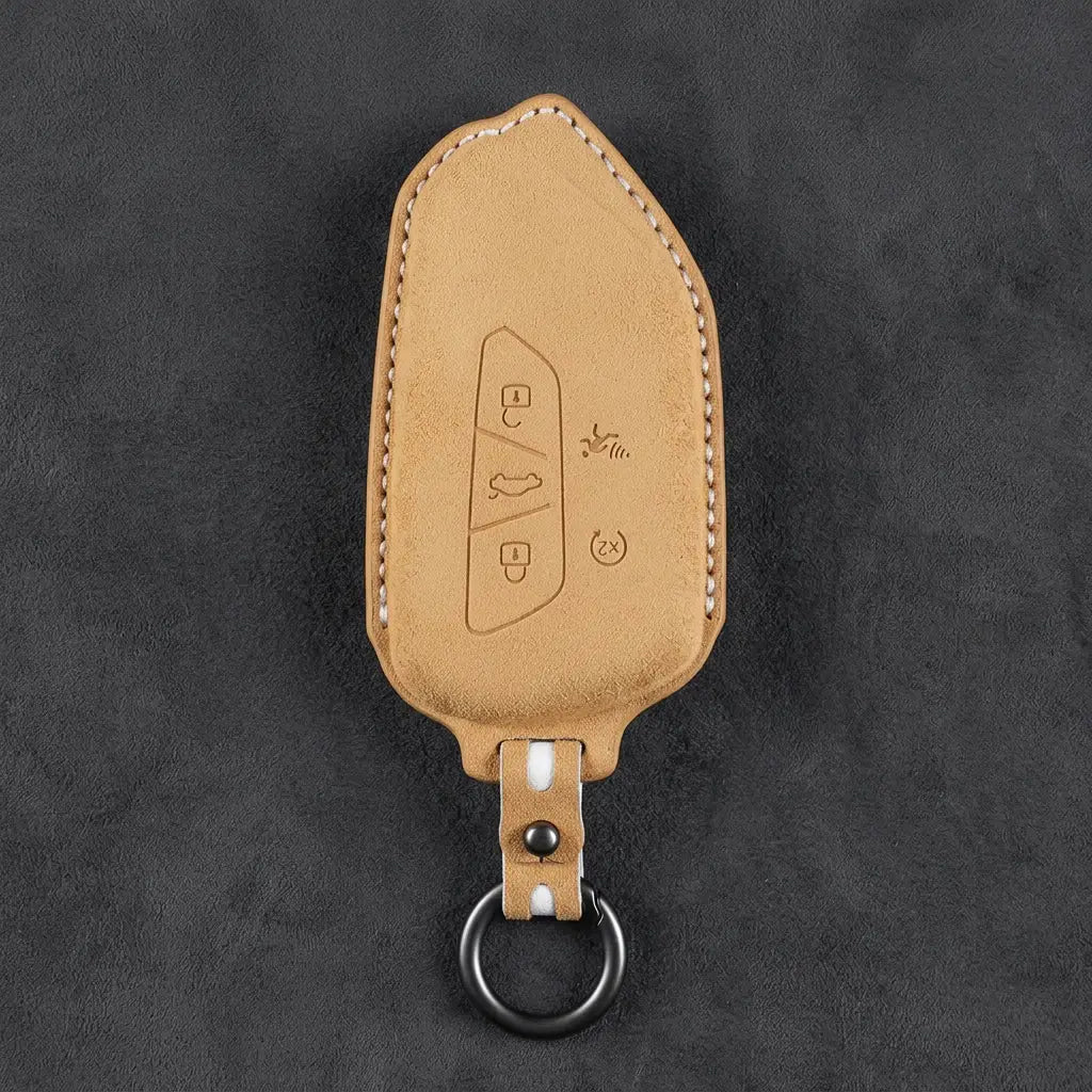 Volkswagen Hand Stitched Alcantara Key Fob Cover Asymmetrical Alarm Style Soft Brown