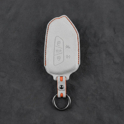 Volkswagen Hand Stitched Alcantara Key Fob Cover Asymmetrical Alarm Style White