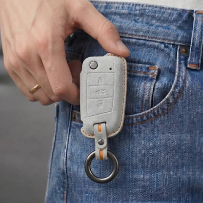 Volkswagen Hand - Stitched Alcantara Key Fob Cover – Flip Key 3 - Button - White