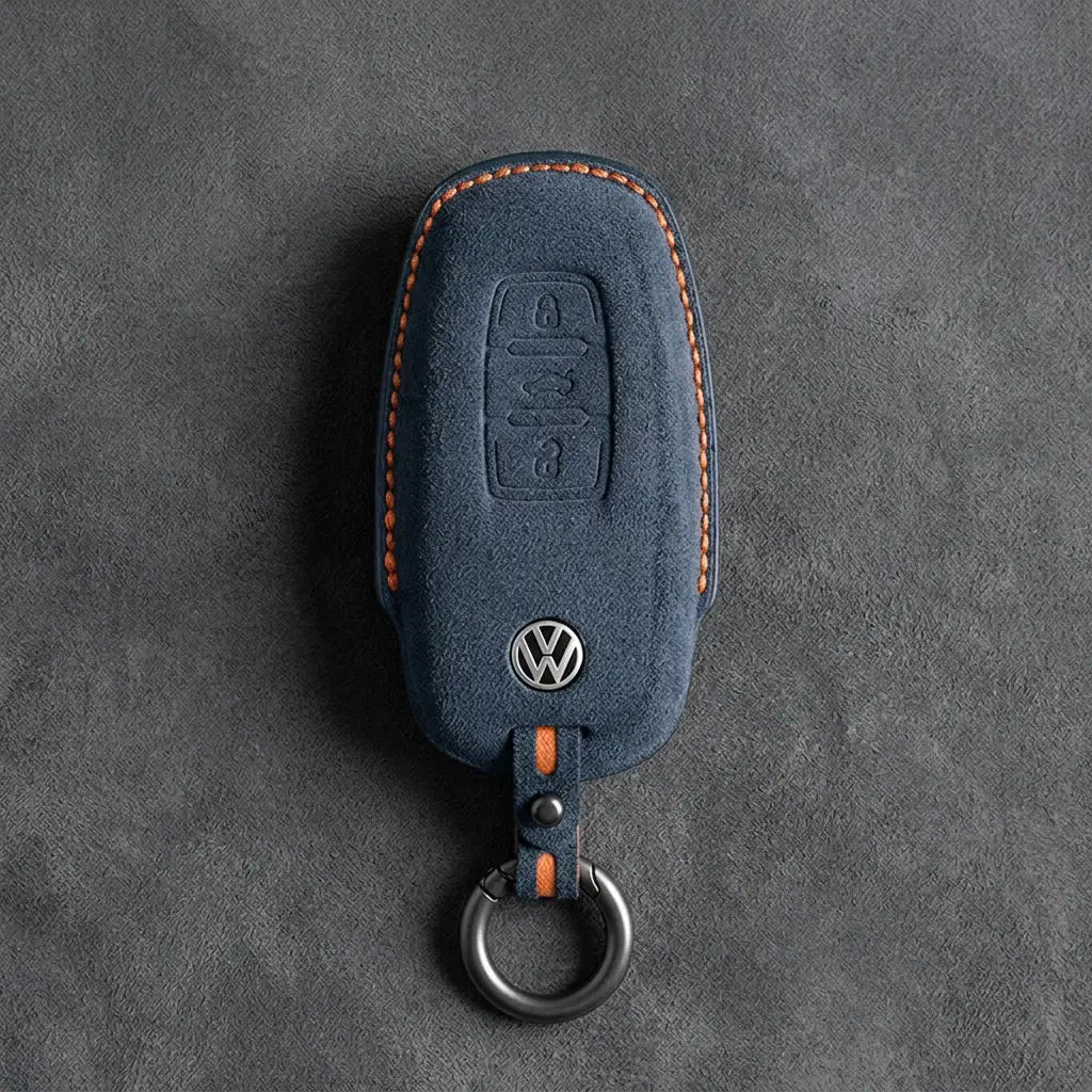 Volkswagen Hand-Stitched Alcantara Key Fob Cover – Oval 3-Button Smart Key Cobalt Blue