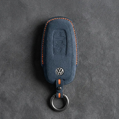 Volkswagen Hand-Stitched Alcantara Key Fob Cover – Oval 3-Button Smart Key Cobalt Blue