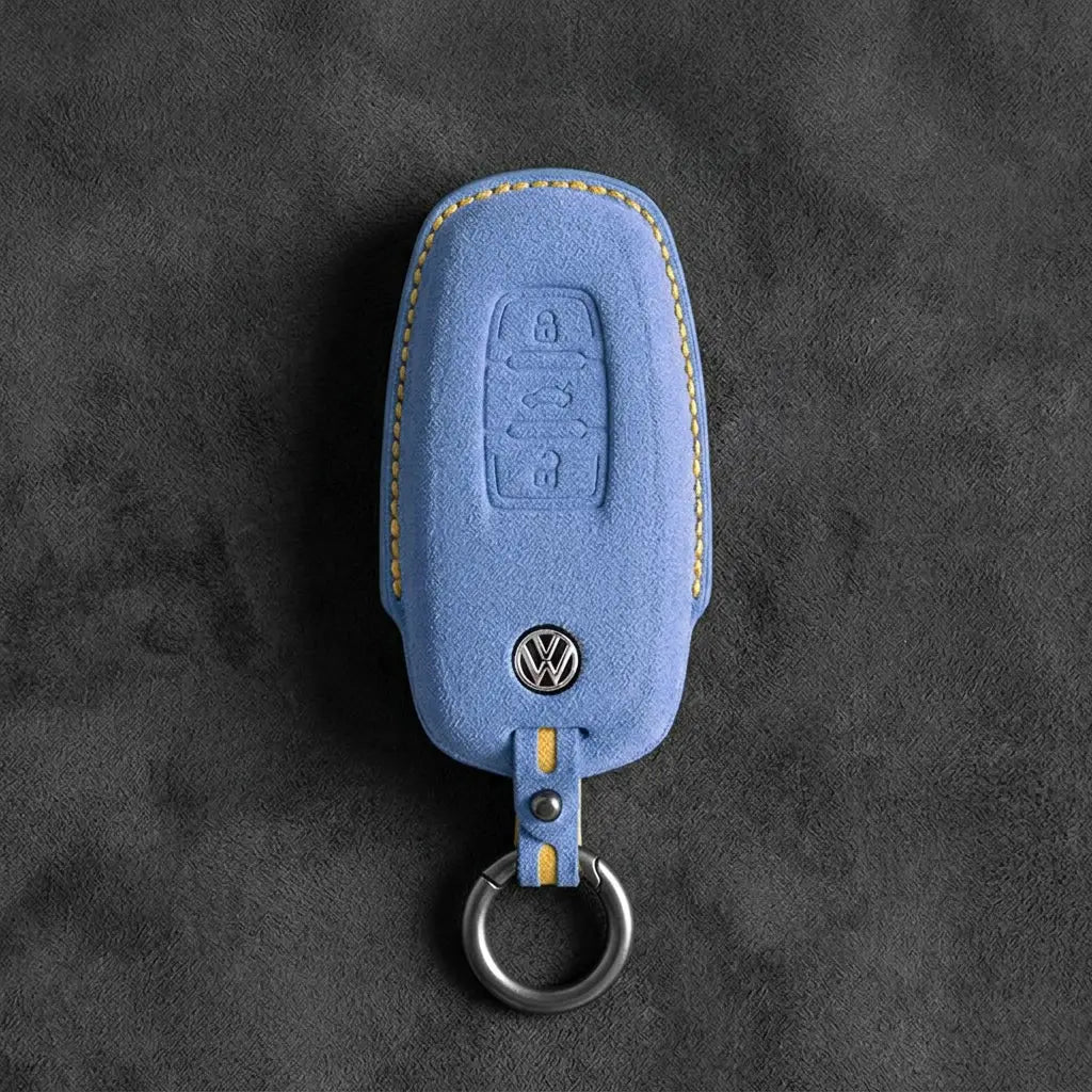Volkswagen Hand-Stitched Alcantara Key Fob Cover – Oval 3-Button Smart Key Cornflower Blue