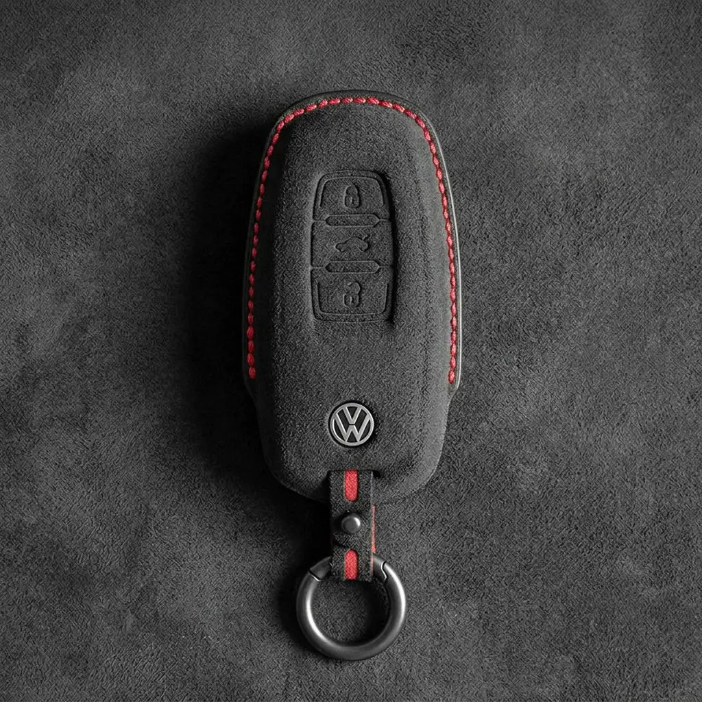 Volkswagen Hand-Stitched Alcantara Key Fob Cover – Oval 3-Button Smart Key Dark Charcoal