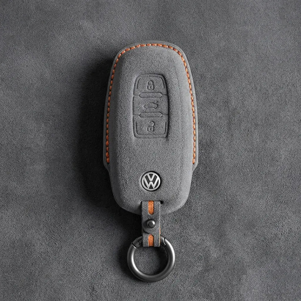 Volkswagen Hand-Stitched Alcantara Key Fob Cover – Oval 3-Button Smart Key Dark Gray