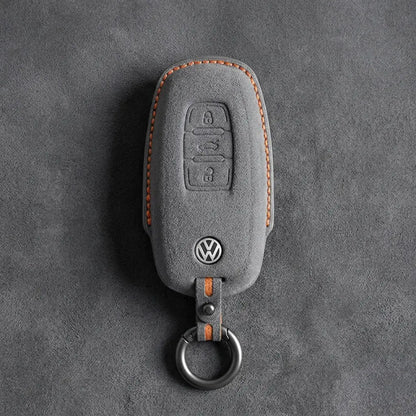 Volkswagen Hand-Stitched Alcantara Key Fob Cover – Oval 3-Button Smart Key Dark Gray