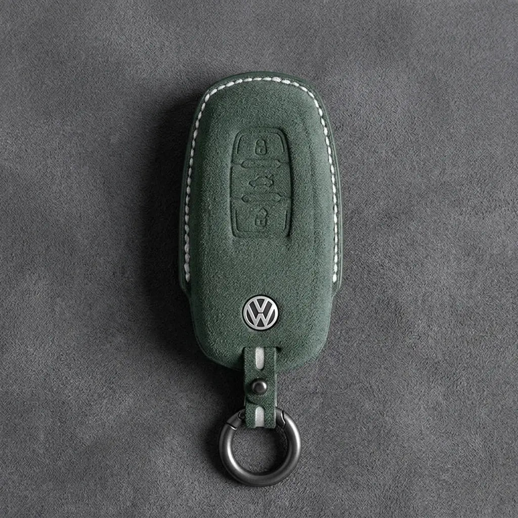 Volkswagen Hand-Stitched Alcantara Key Fob Cover – Oval 3-Button Smart Key Dark Green