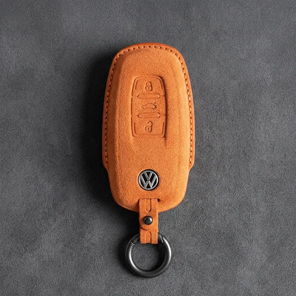 Volkswagen Hand-Stitched Alcantara Key Fob Cover – Oval 3-Button Smart Key Orange