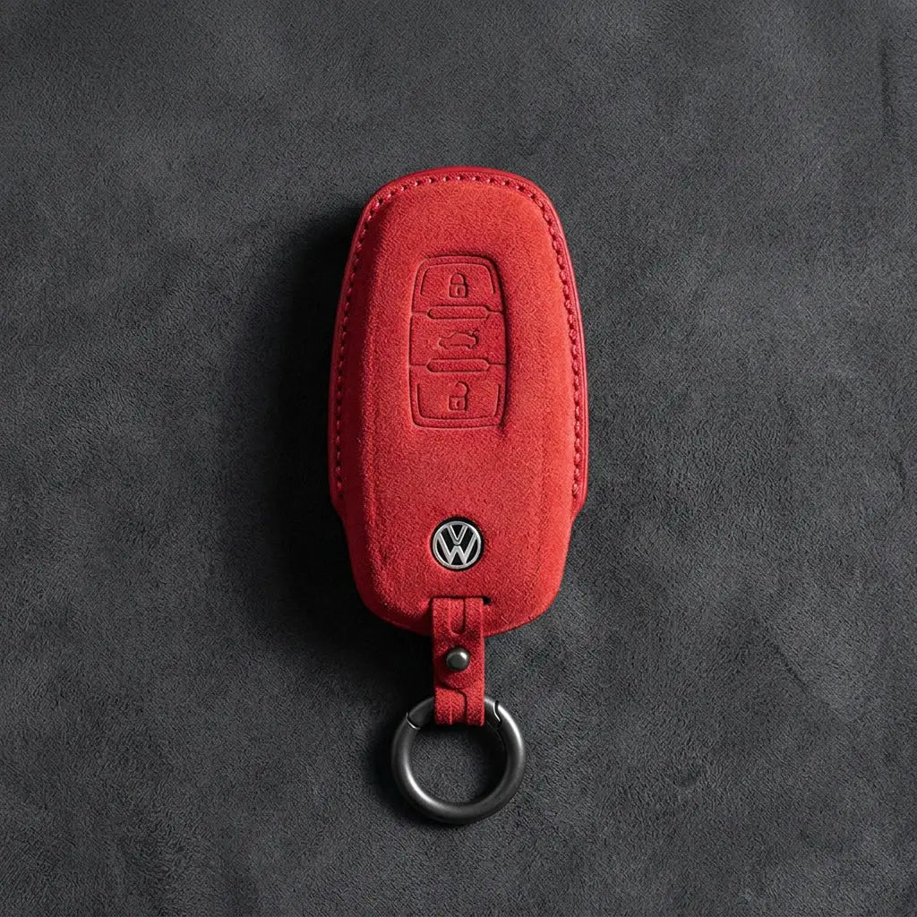 Volkswagen Hand-Stitched Alcantara Key Fob Cover – Oval 3-Button Smart Key Red
