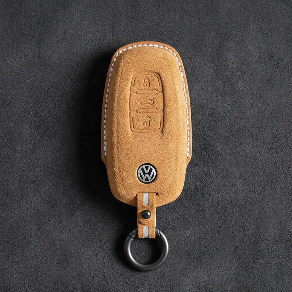 Volkswagen Hand-Stitched Alcantara Key Fob Cover – Oval 3-Button Smart Key Soft Brown
