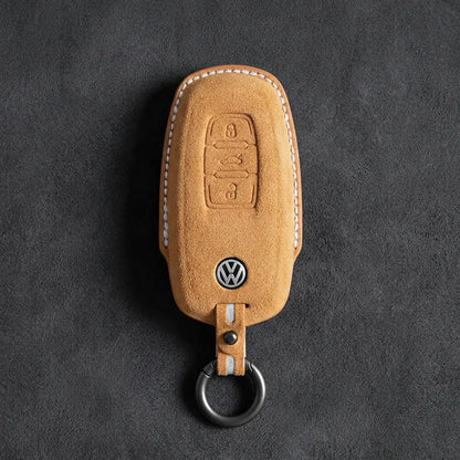 Volkswagen Hand-Stitched Alcantara Key Fob Cover – Oval 3-Button Smart Key Soft Brown
