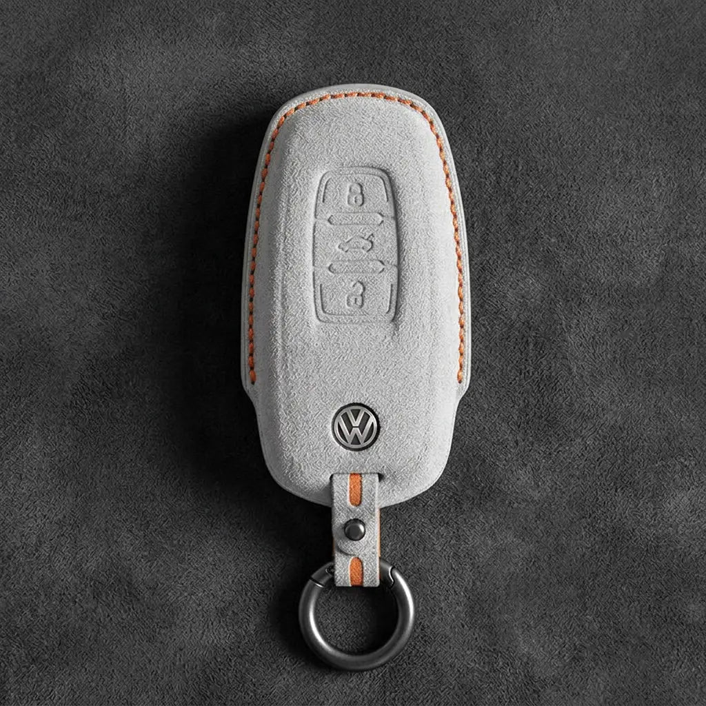 Volkswagen Hand-Stitched Alcantara Key Fob Cover – Oval 3-Button Smart Key White