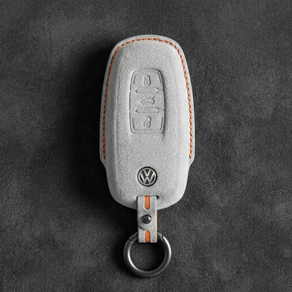 Volkswagen Hand-Stitched Alcantara Key Fob Cover – Oval 3-Button Smart Key White