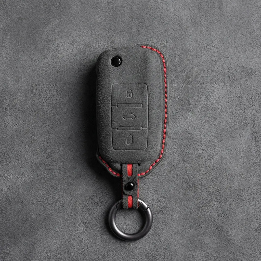 Volkswagen Hand Stitched Alcantara Key Fob Cover Rectangular 3-button Flip Key Dark Charcoal