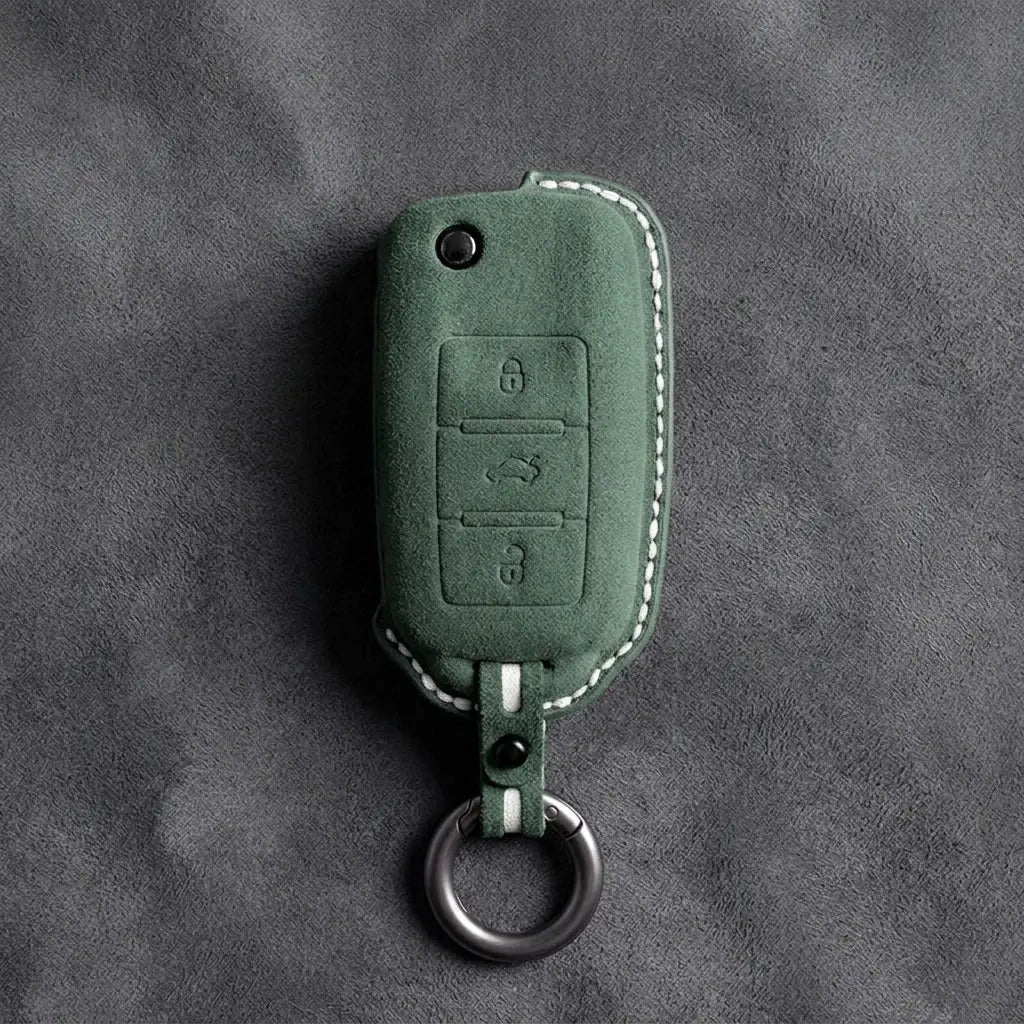 Volkswagen Hand Stitched Alcantara Key Fob Cover Rectangular 3-button Flip Key Dark Green